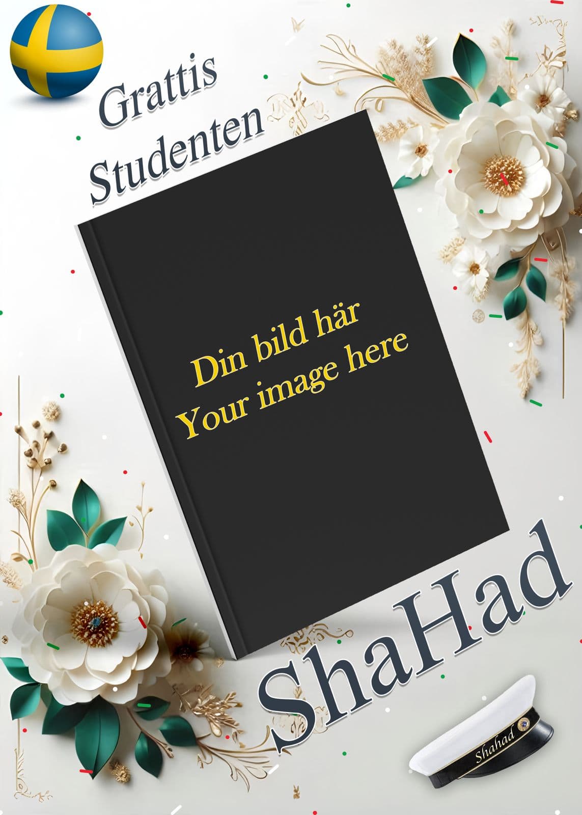 قالب لافتة تخرج بأزهار بيضاء وإطار صورة مائل